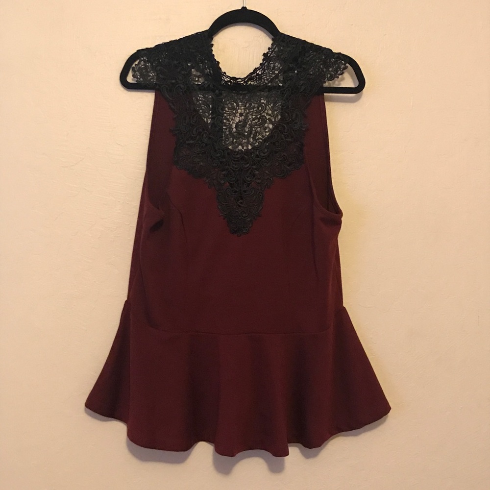 2X Maroon Peplum Top with Lace and Tie Back
